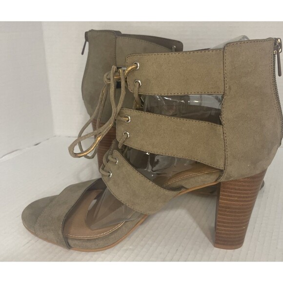 Torrid Sandals Women’s 11.5W Olive Faux Suede Open Toe Lace Up Block Heel Zip Up - Picture 7 of 15